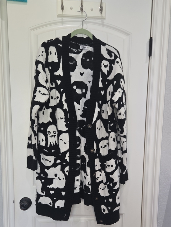 Em&Sprout Sweaters - Em & Sprout Black & White Ghost Pattern Button Cardigan